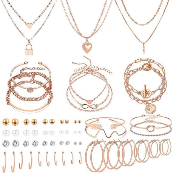 NEWITIN Gold Jewelry Set for Women Gold Plated Necklace Bracelet Ring Earrings - Picture 1 of 8